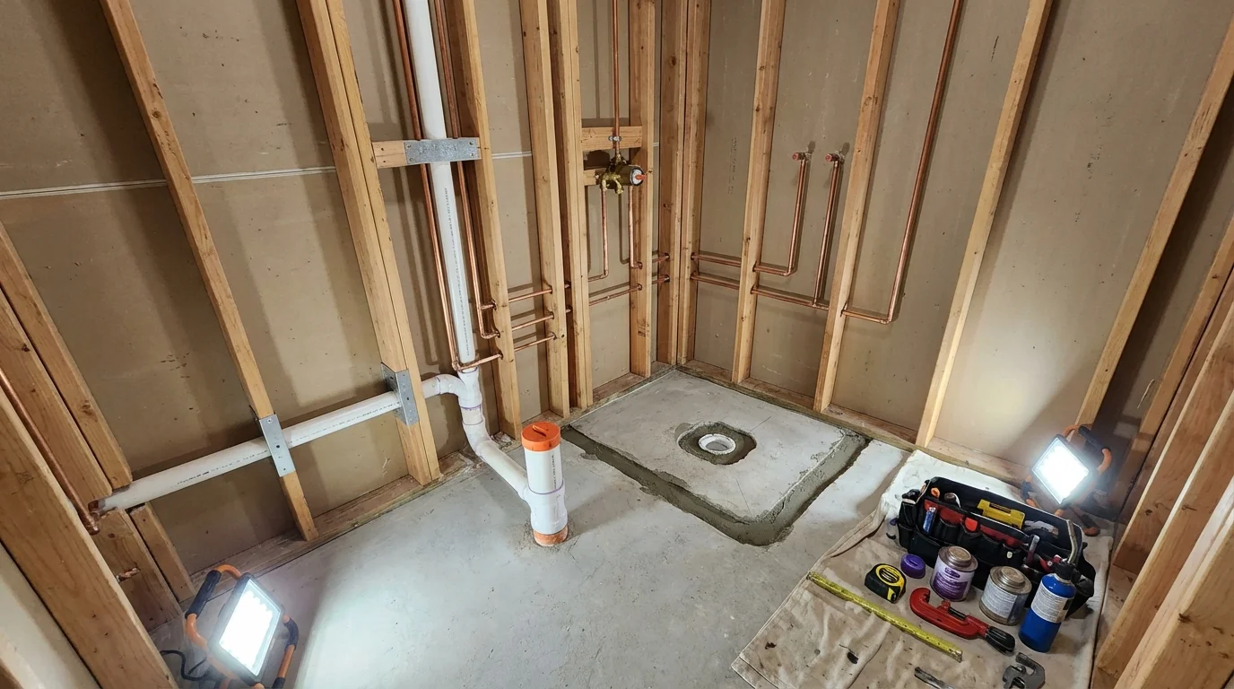 Bathroom rough-in plumbing during remodel by Johns Plumbing LLC in Rockaway Beach