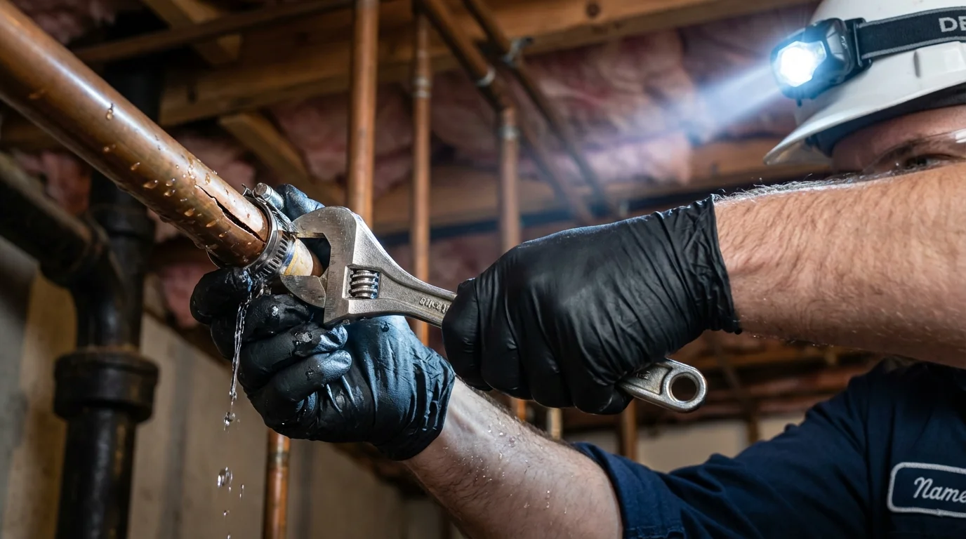 Emergency pipe clamp repair being performed by a Johns Plumbing LLC plumber in Rockaway Beach