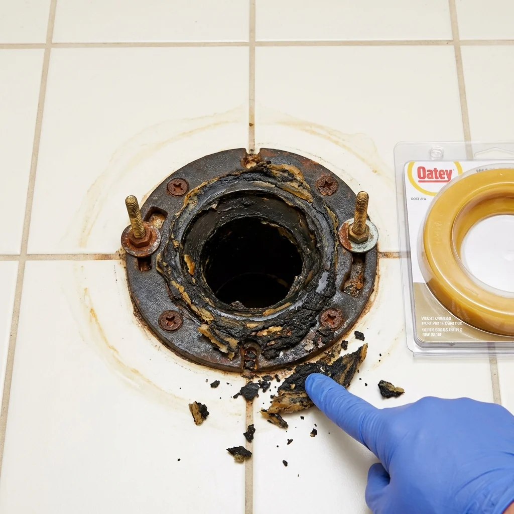 Failed wax ring showing water seepage at the base of a toilet in a Rockaway Beach, OR home