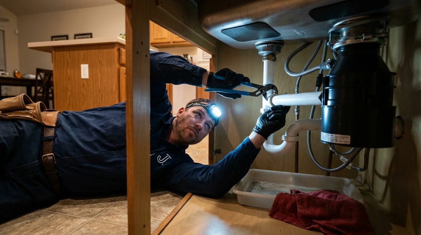 P-trap and supply line connections under a kitchen sink showing a common leak point in Rockaway Beach, OR